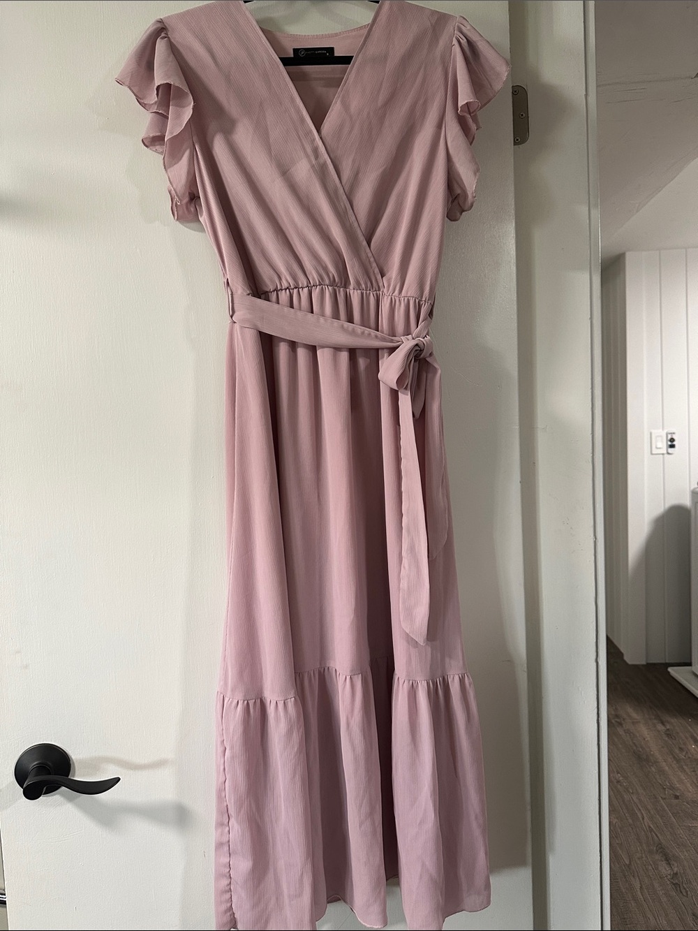 Flutter-Sleeve Wrap Maxi Dress in Light Pink 013